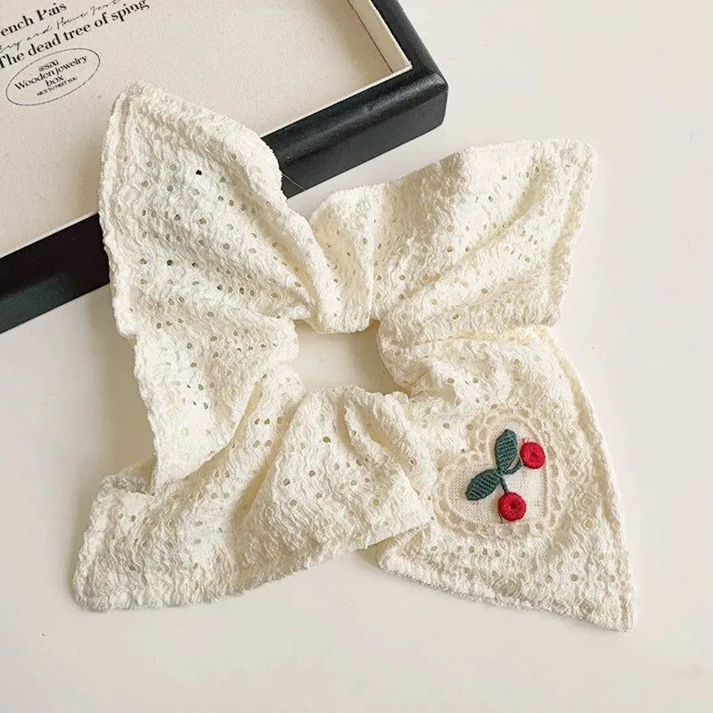 Ivory Cherry Bow Knot Cloth Hair Tie